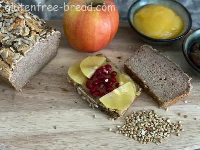 Recipe description:<br> This Gluten-Free Buckwheat-Applesauce-Bread is perfectly moist and tender, and requires only 4 ingredients: raw buckwheat groats (soaked), applesauce (or apple), baking powder, and salt! It is easy to make, and super delicious.